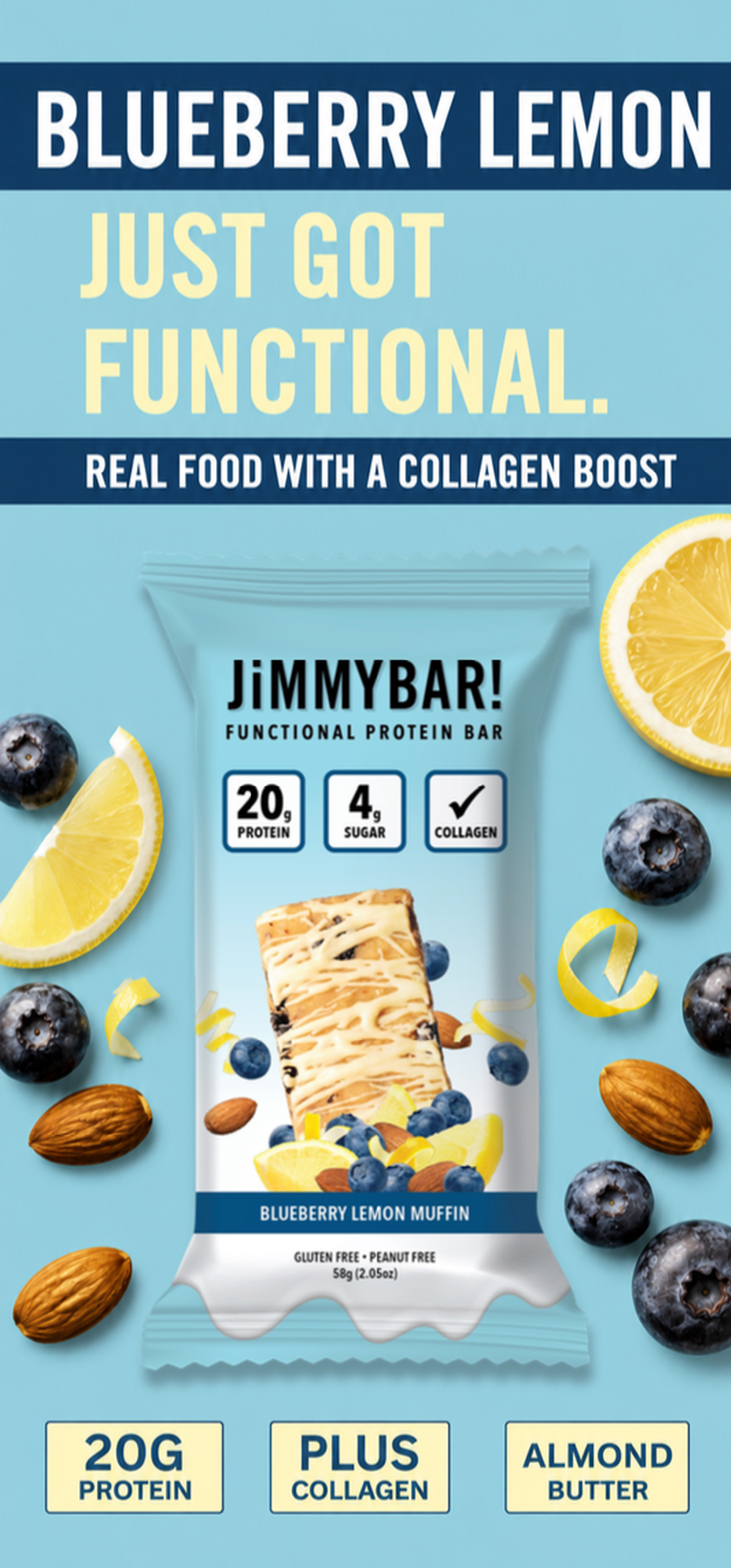 A promotional graphic for a JiMMYBAR! Blueberry Lemon Muffin functional protein bar. The central subject is a light blue and white foil wrapper showing the protein bar illustration, surrounded by fresh blueberries, sliced lemons, and almonds on a bright blue background.