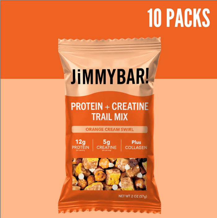 A bag of JimmyBar! Protein + Creatine Trail Mix in Orange Cream Swirl flavor, shown against a split orange and peach background with '10 PACKS' text in the top right corner.