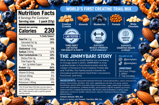 A branded nutrition facts and marketing graphic for JimmyBar! Creatine Trail Mix. The design features a dark blue background with a large Nutrition Facts panel on the left, a blue banner in the center highlighting key ingredients like creatine, almonds, blueberries, pretzels, and white chocolate, and a photo of the mix surrounded by nuts, blueberries, and chocolate chips on the right.