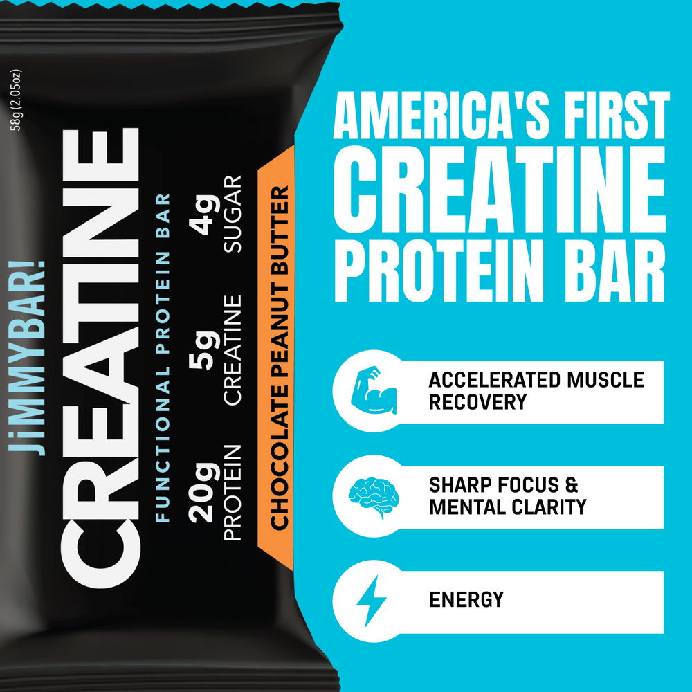 America's first Creatine Protein Bar - Chocolate Peanut Butter JiMMYBAR! - 20g Protein 5g Creatine 4g Sugar America's first Creatine Protein Bar - Chocolate Peanut Butter JiMMYBAR! - 20g Protein 5g Creatine 4g Sugar