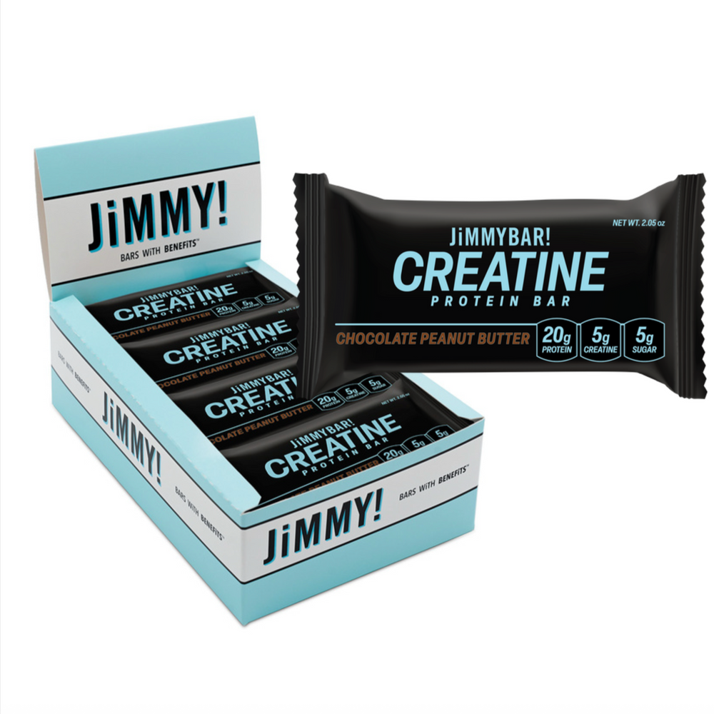 Box of Jimmy Creatine Protein Bars with one bar on a white background