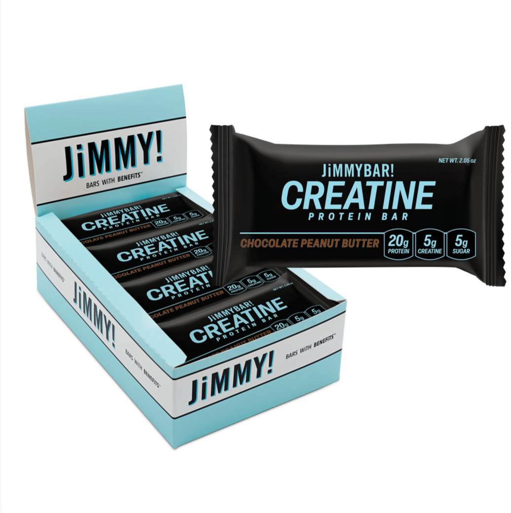Box of Jimmy Creatine Protein Bars with one bar on a white background