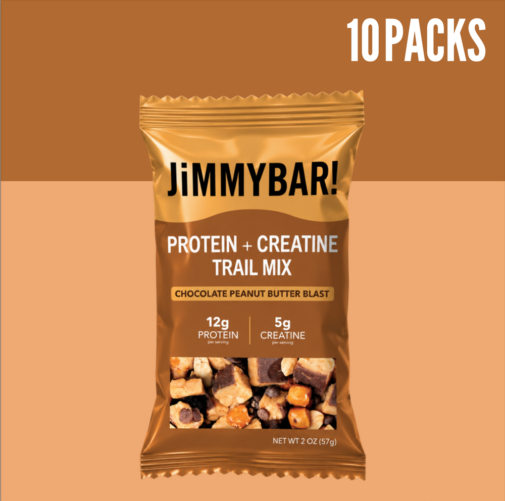 A single JimmyBar! protein + creatine trail mix pouch in chocolate peanut butter blast flavor, shown on a warm brown and peach background with a white '10 PACKS' text overlay in the top right.