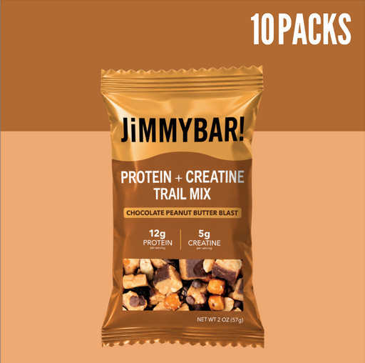 A single JimmyBar! protein + creatine trail mix pouch in chocolate peanut butter blast flavor, shown on a warm brown and peach background with a white '10 PACKS' text overlay in the top right.