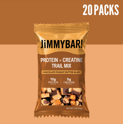 A single JimmyBar! Protein + Creatine Trail Mix bag in chocolate peanut butter blast flavor, shown on a warm brown and peach gradient background with a white '20 PACKS' badge in the top right.