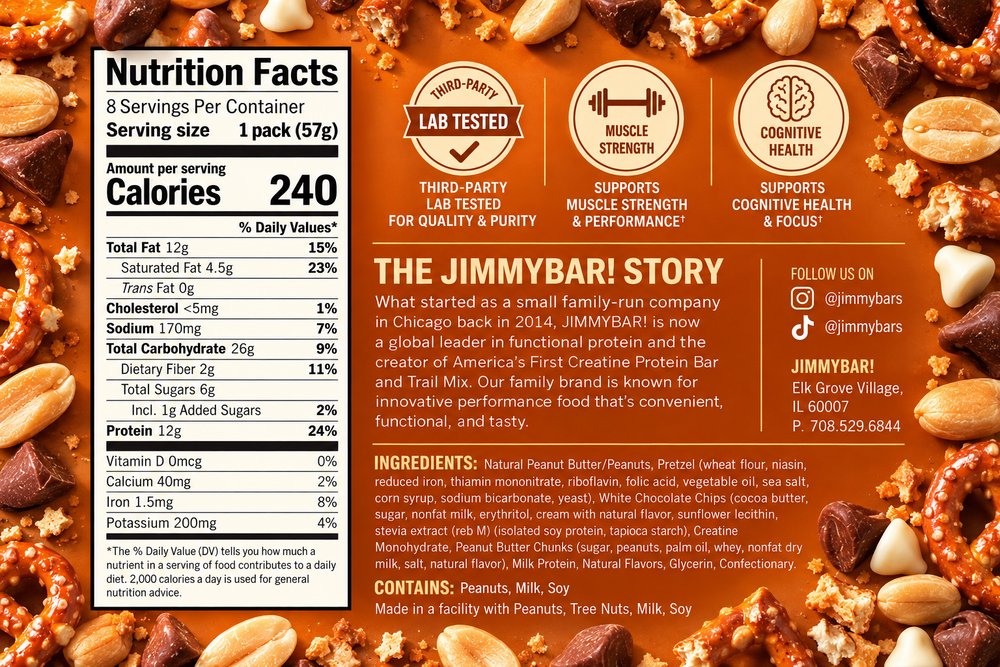 A close-up of a jar of peanut butter with a large Nutrition Facts label overlaid on the left, and a branded marketing panel on the right featuring the text 'The JiMMYBAR! Story,' icons for third-party lab testing, muscle strength, and cognitive health, and a contact address. The product itself appears to be peanut butter in a clear jar with visible peanuts and creamy peanut texture.