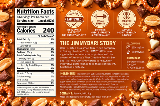 A close-up of a jar of peanut butter with a large Nutrition Facts label overlaid on the left, and a branded marketing panel on the right featuring the text 'The JiMMYBAR! Story,' icons for third-party lab testing, muscle strength, and cognitive health, and a contact address. The product itself appears to be peanut butter in a clear jar with visible peanuts and creamy peanut texture.