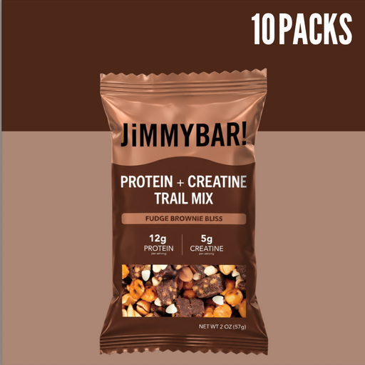 A single JimmyBar! protein + creatine trail mix pouch in Fudge Brownie Bliss flavor, shown against a split dark brown and taupe background with a white '10 PACKS' badge in the top right.