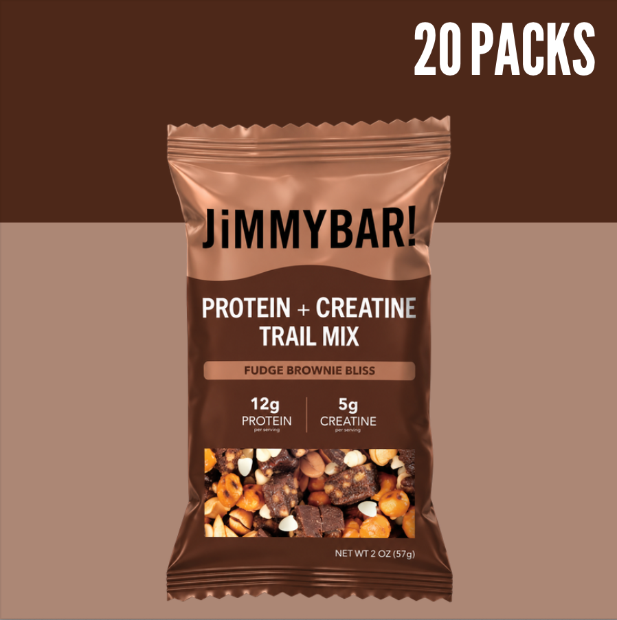 A stand-up pouch of JimmyBar! Protein + Creatine Trail Mix in Fudge Brownie Bliss flavor, shown on a two-tone brown background with a large white '20 PACKS' text overlay in the top right.