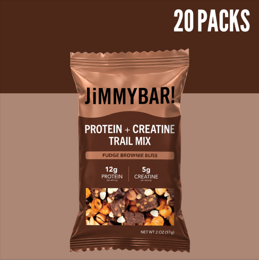 A stand-up pouch of JimmyBar! Protein + Creatine Trail Mix in Fudge Brownie Bliss flavor, shown on a two-tone brown background with a large white '20 PACKS' text overlay in the top right.