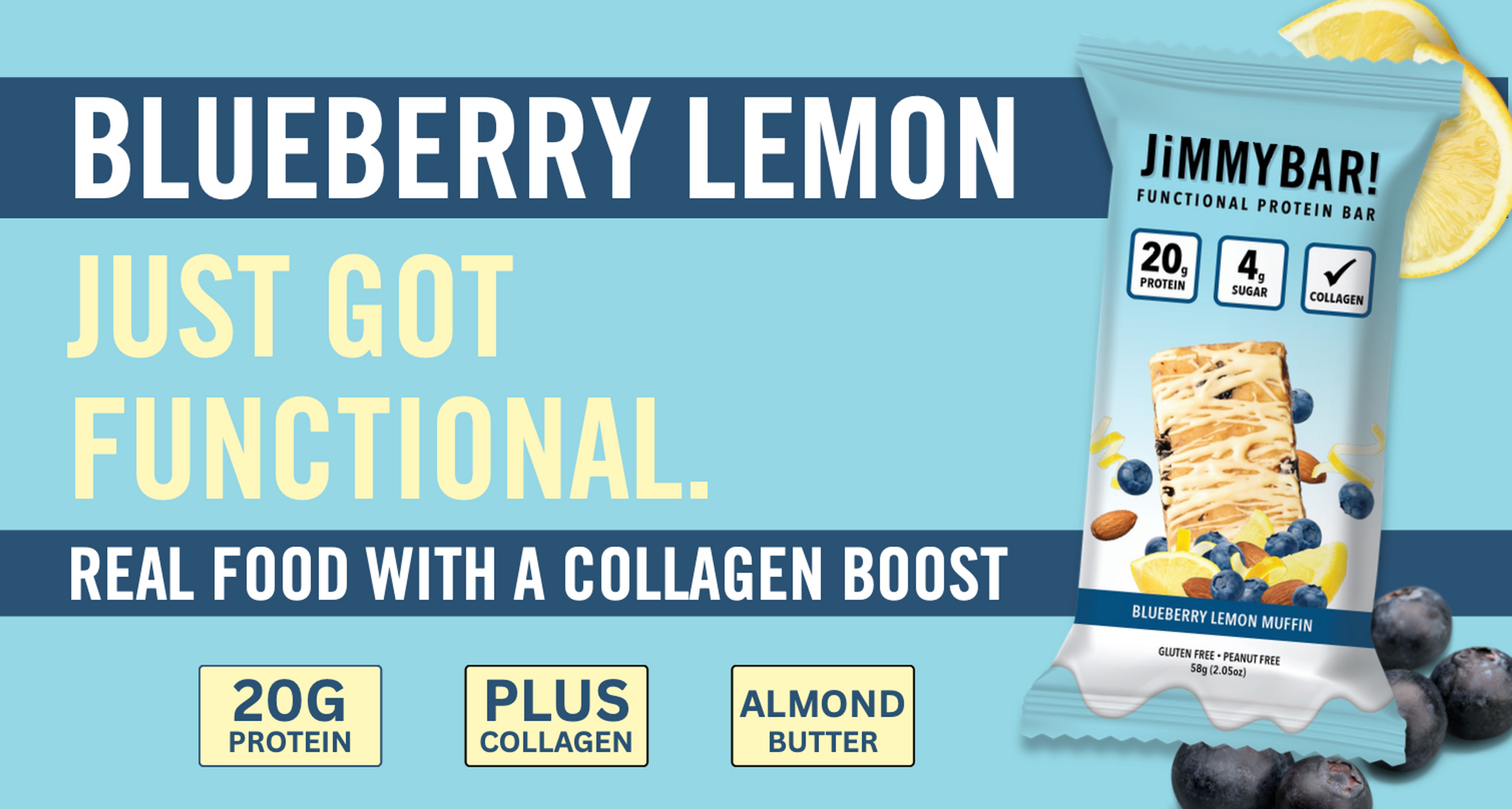 JiMMYBAR! Functional Protein graphic for the Blueberry Lemon Collage flavor