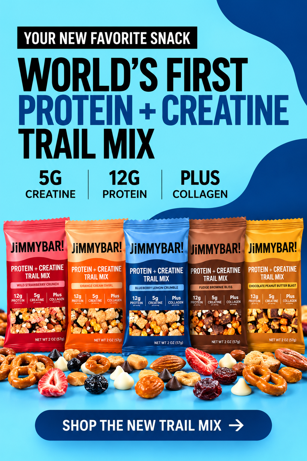 Promotional graphic for JimmyBar! Protein + Creatine Trail Mix, showing five colorful snack pouches in red, orange, blue, and yellow, with pretzels, strawberries, nuts, and dried fruit in front. Large text reads 'WORLD'S FIRST PROTEIN + CREATINE TRAIL MIX' and 'SHOP THE NEW TRAIL MIX'.