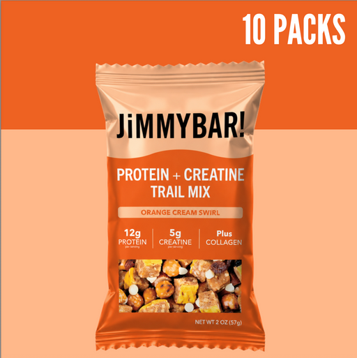 A bag of JimmyBar! Protein + Creatine Trail Mix in Orange Cream Swirl flavor, shown against a split orange and peach background with '10 PACKS' text in the top right corner.
