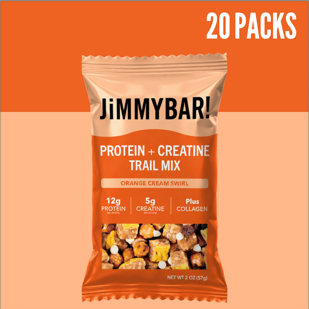 A single JimmyBar! Protein + Creatine Trail Mix bag in Orange Cream Swirl flavor, shown against a peach and orange background with a white '20 PACKS' banner at the top right.