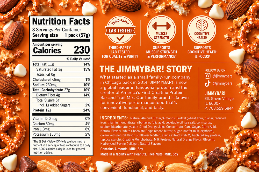 A nutrition facts label and brand story graphic for the Jimmybars protein bar, featuring a large serving size panel on the left with calories, nutrients, and ingredients, and an orange brand story section on the right with icons and text.