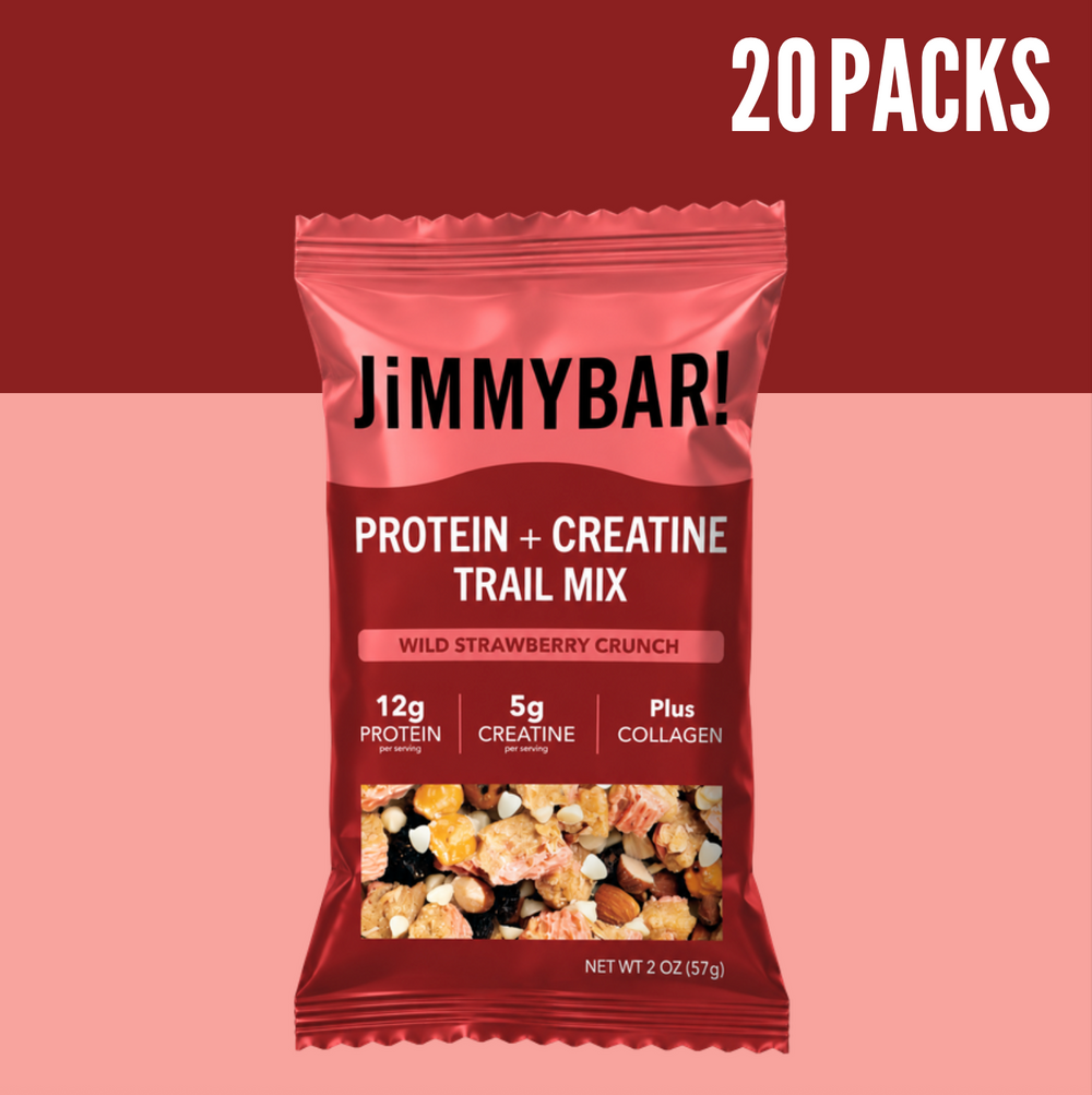 A single JimmyBar! Protein + Creatine Trail Mix bag in Wild Strawberry Crunch flavor, shown against a split dark red and light pink background with a white '20 PACKS' text overlay in the top right.