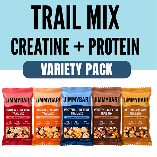Promotional graphic for a Jimmy Bar! variety pack of trail mix, featuring five individually wrapped packages in red, orange, blue, green, and brown flavors against a split light blue and white background with bold text reading 'TRAIL MIX CREATINE + PROTEIN VARIETY PACK'.